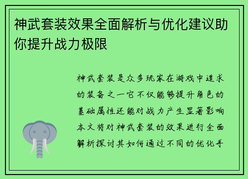 神武套装效果全面解析与优化建议助你提升战力极限